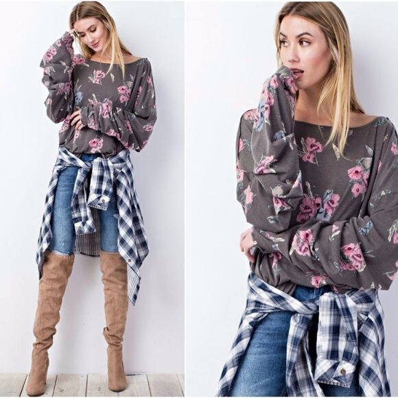 Easel Comfy Floral Tee w/ Bubble Sleeves - Picture 1 of 4